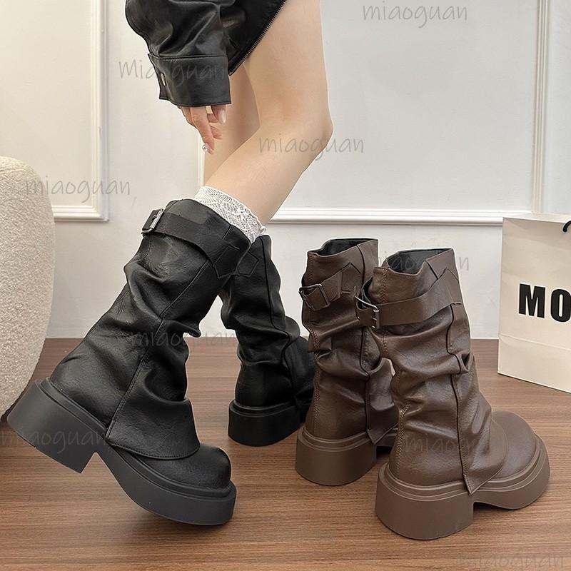 Fashion Autumn Vintage Thick Bottom Woman Knight Boots Fashion Belt Buckle Ladies Slip on Short Booties Black Brown PU Pleated Botas