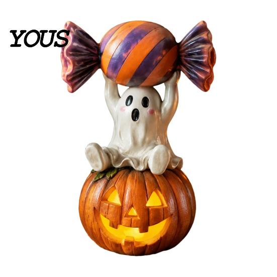 Cute Pumpkin Decor Halloween Ghost Figurine, Sitting on Holding Candy Waterproof Sculpture Craft Statue, Spooky Resin Table Ornament for Indoor Mantle