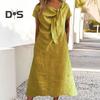 Women Midi Dress Decorated Collar Straps Short Sleeve Dress Solid Color Loose Fit Summer Casual Dress