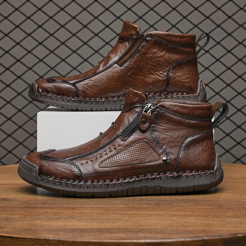 Men's Leather Ankle Boots Outdoor Casual Boots Casual Soft Sneakers Flat Lace-up Boots Handmade Large Size Mens Shoes Botines