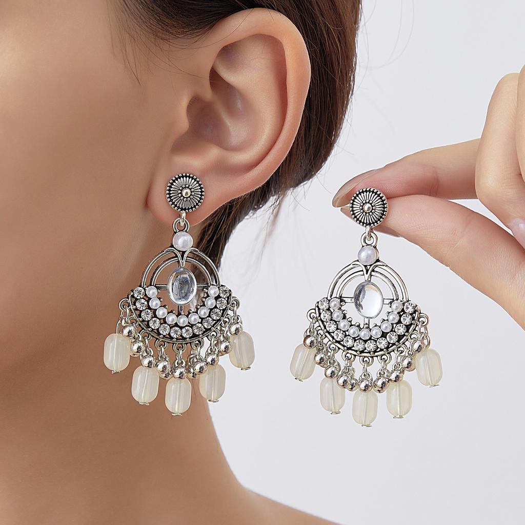 Retro Ethnic Style Rhinestone Tassel Earrings for Women , Nepal Fashion Dangle Earrings , Classic Elegant Drop Earrings