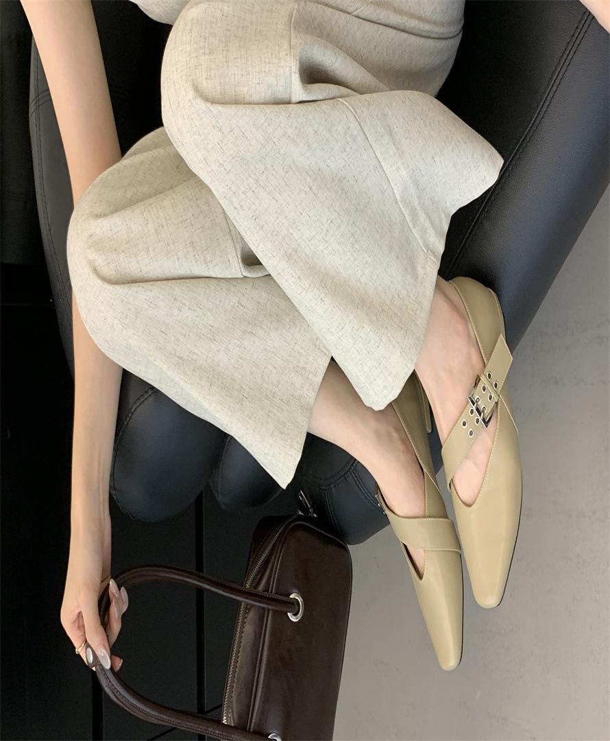 

Leather version~ French round head one-word buckle Mary Jane low-heeled single shoes women s 2025 new spring and summer temperament retro shoes 40 песочный