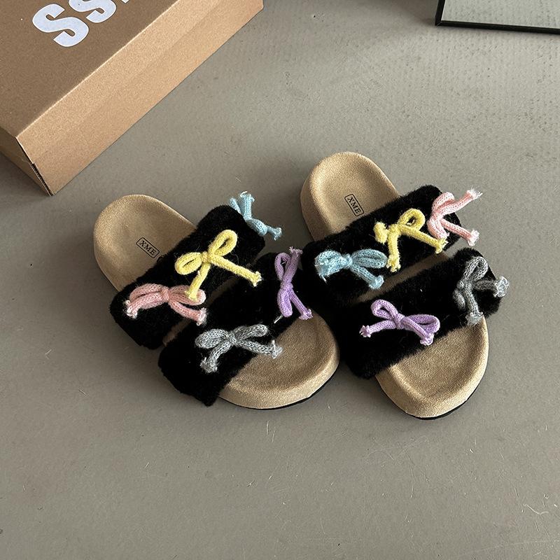 Versatile color matching bow slippers Korean version design sense autumn fashion niche one-word casual shoes girls Mao Mao drag