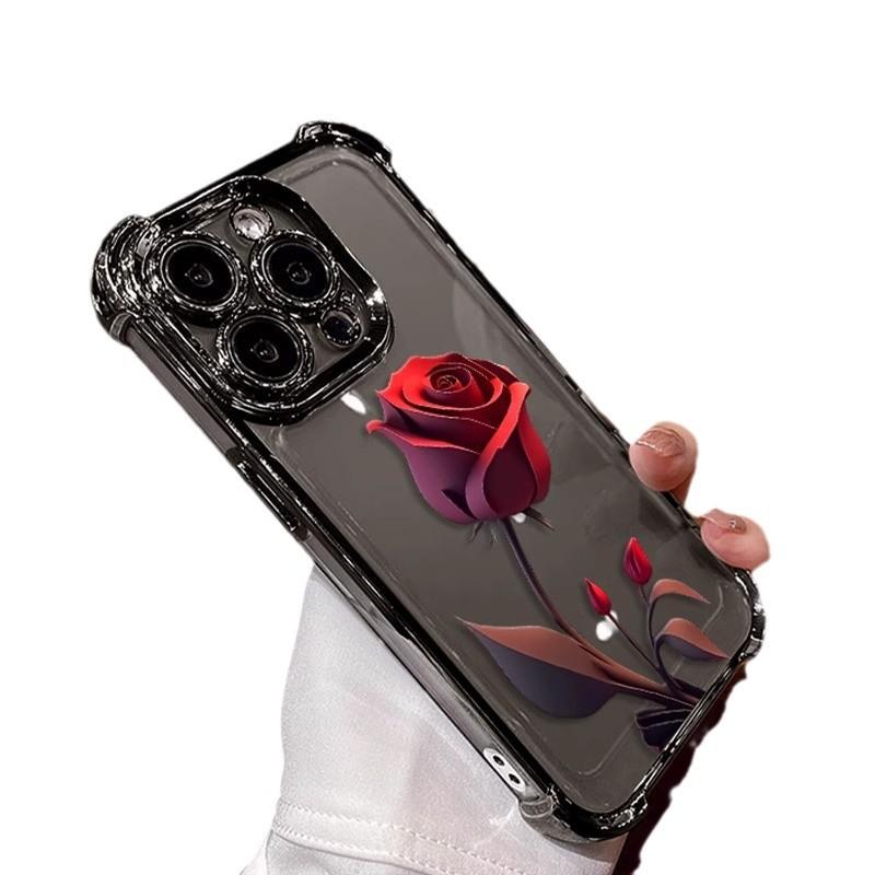 

The Red Rose Chain Is Suitable for The Apple 16PRO Four-corner Anti-drop Phone Case 15, with Electroplated Transparent Silicone 14/13 iPhone SE (3rd Generation)