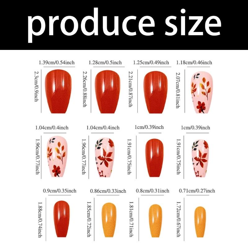 Autumn Winter Press On Nail 1 Set Glossy Ginger Leaves Design Easy Application Comfort Fit
