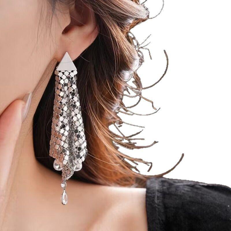 Yang Mi Yu Shuxin Triangle Tassel Earrings - Unique Silver Studs, High-End, Light Luxury Design