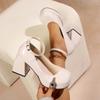 Primavera Verano Retro Correa al Tobillo Suela Gruesa Tacones Altos Punta Redonda Zapatos Mary Jane Casuales para Mujer Boda Novia Tacones Rojos Altos