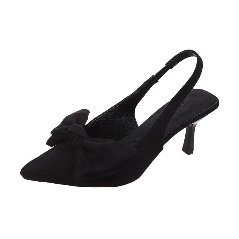 

French high-heeled niche bag head bow sandals fairy shoes new summer thin heel pointed single shoes 34 чёрный