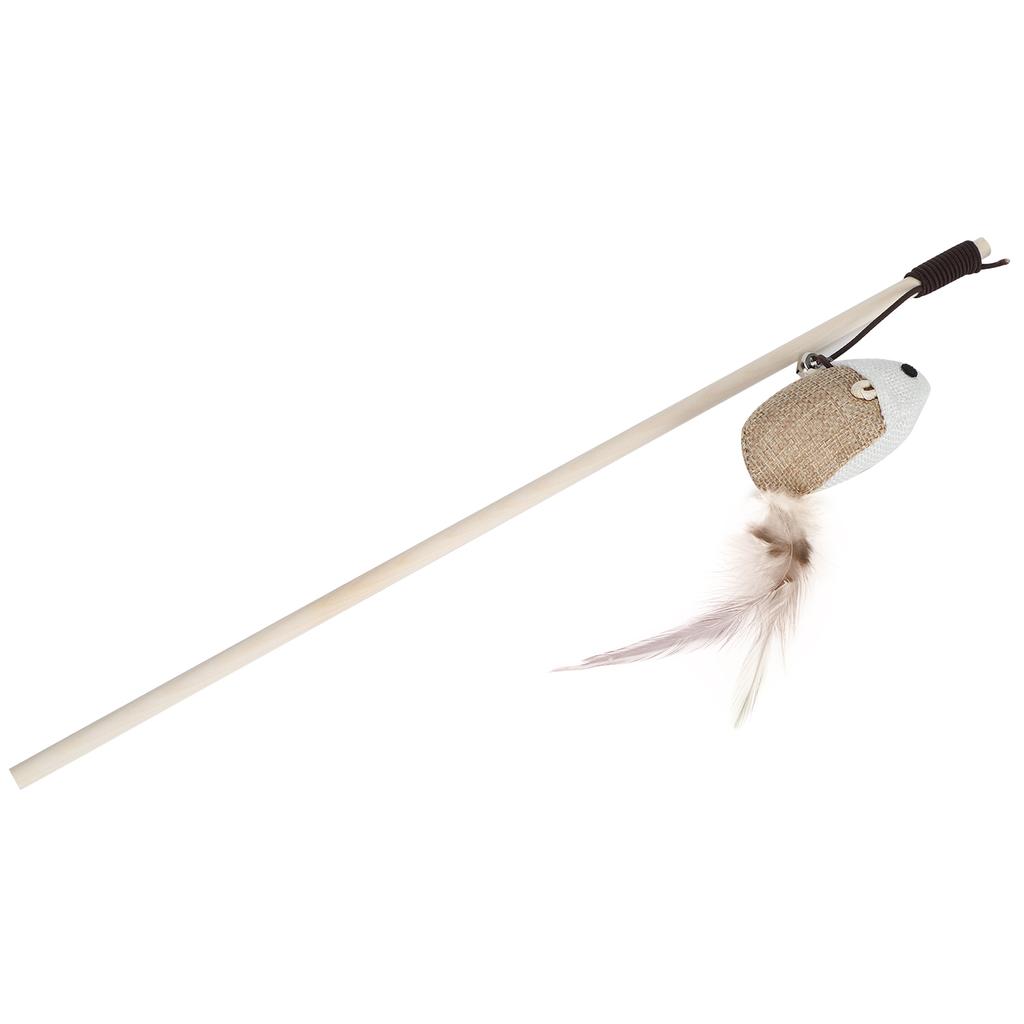 Wooden Cat Funny Stick Wand Pet Teaser Mice Toys with Crisp Bell Feather and Linen Mouse