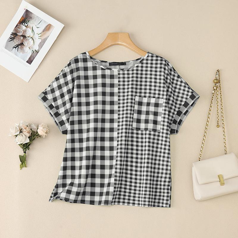 ZANZEA Women Casual Round Neck Plaid Print Summer Short Sleeve Blouse