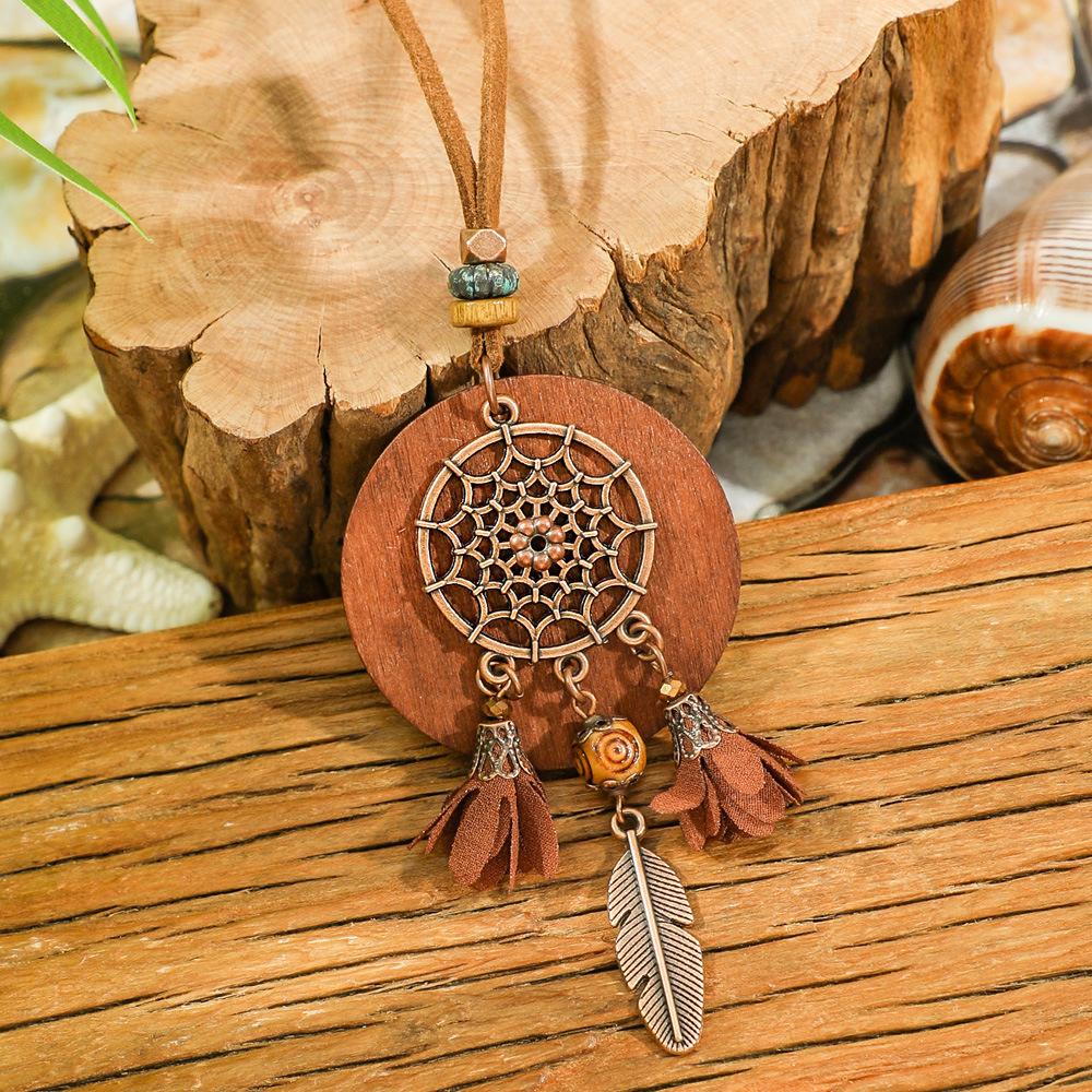 Vintage Bohemian Bird Dreamcatcher Earrings Necklace for Women Ethnic Creative Flower Wood Beads Tassel Brown Boho Jewelry