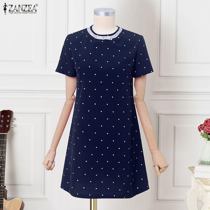 ZANZEA Women Short Puff Sleeve Polka Dot Slim Waist Casual A-line Dress