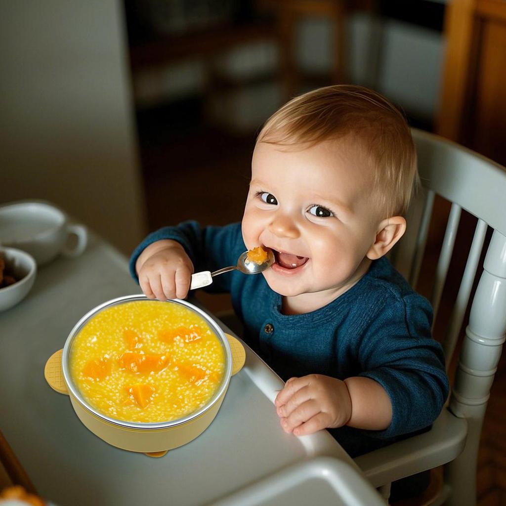 Bowls For Baby Food Silicone Sleeve Kids Food Bowls Anti Scald Stainless Steel Suction Cup Plate For Camping Daycare Lunch