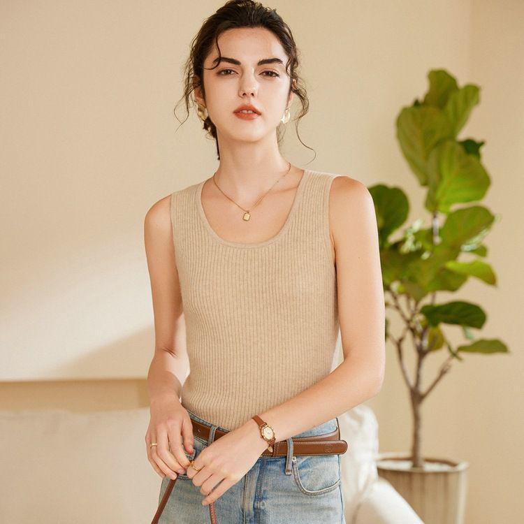 Women's 100% Pure Cashmere Ribbed Slim Fit Spaghetti Strap Vest - Autumn/Winter Knit Round Neck Inner Layer