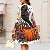 Women Plus Size Round Neck Long Sleeve Flared Dress Gothic Raven Pumpkin Rose Print Halloween Autumn Casual Dress