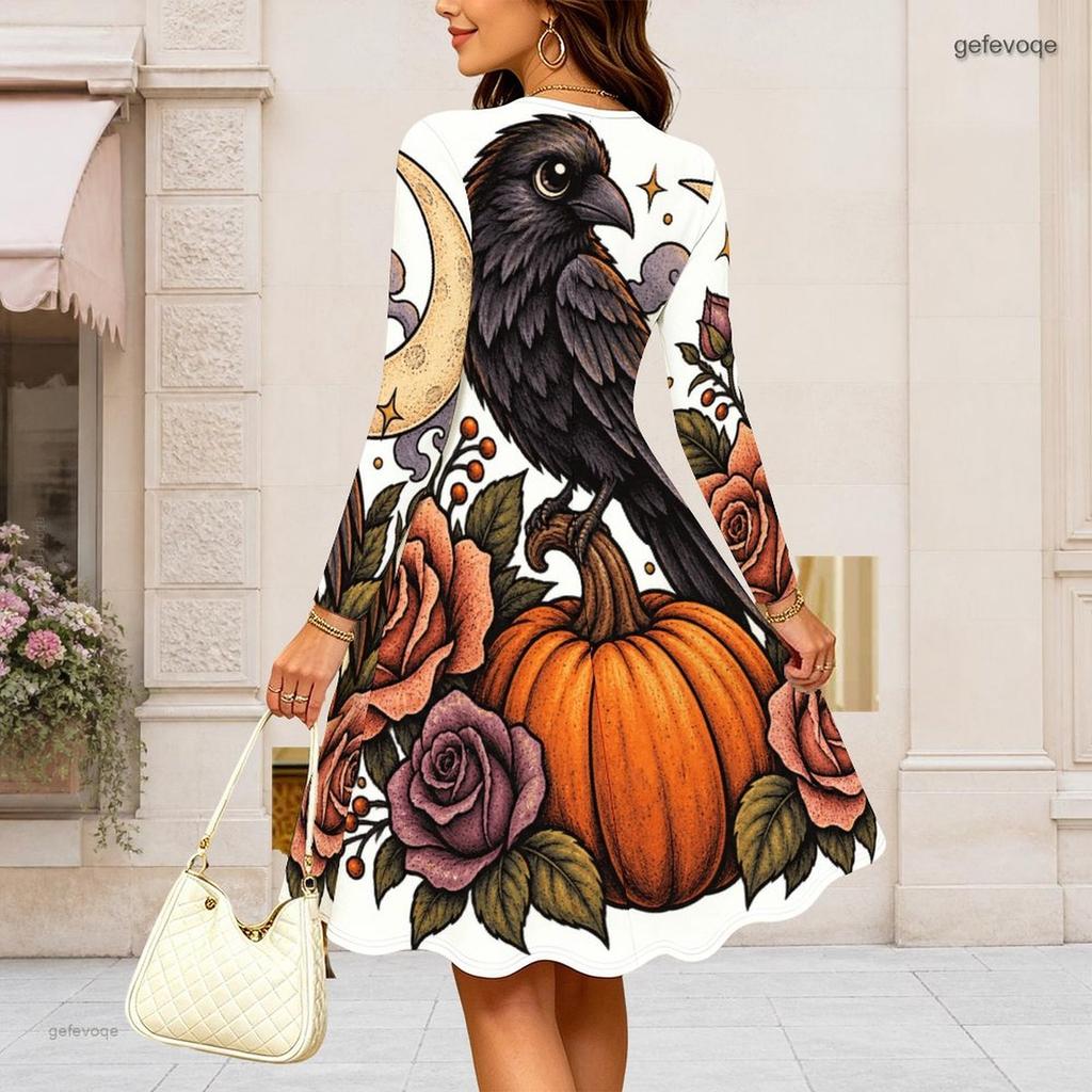 Women Plus Size Round Neck Long Sleeve Flared Dress Gothic Raven Pumpkin Rose Print Halloween Autumn Casual Dress