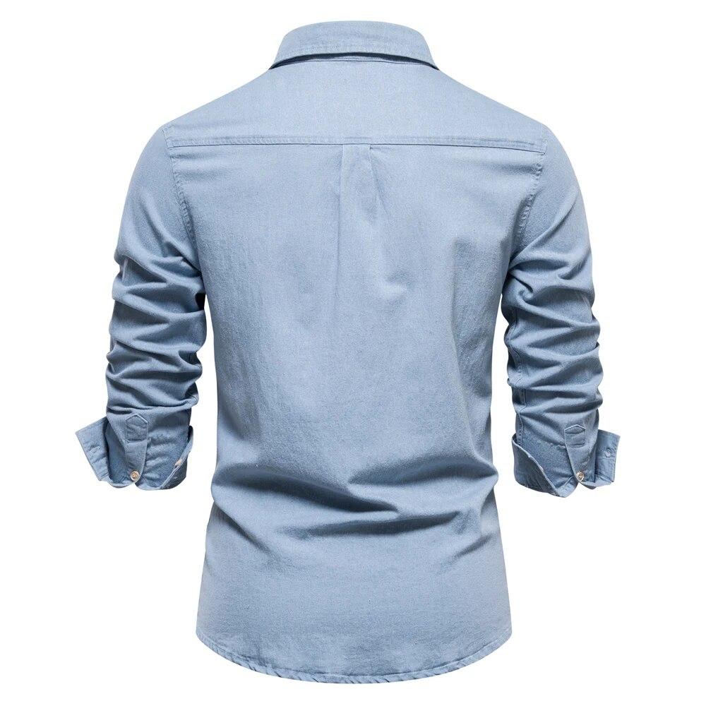 Automne Coton Chemise en Denim pour Homme Couleur Unie Poche Unique Décontractée Manches Longues Chemise en Jean d'Automne pour Homme