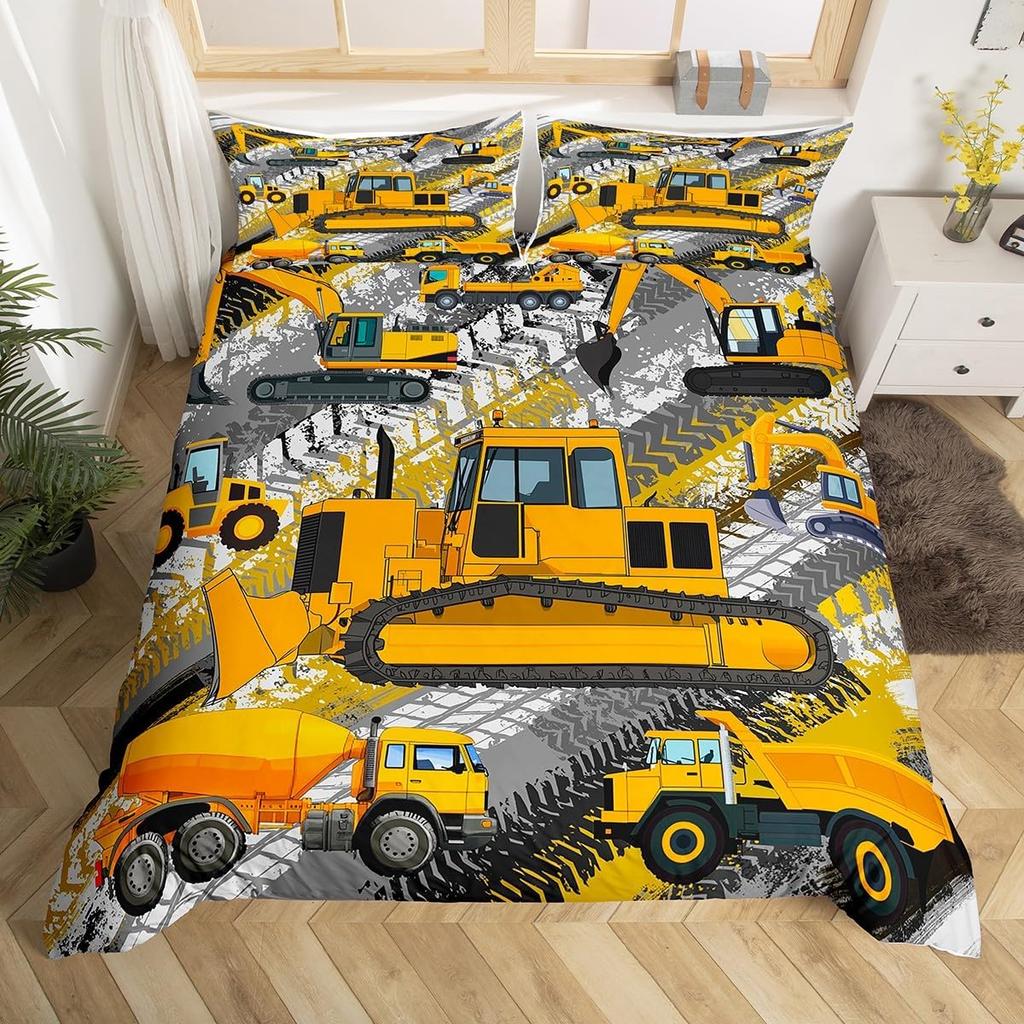 Truck Excavator Soft Duvet Cover Set Quen Sized Dimensions for Children Kids Nursery Carton Tractor Enginering Vehicle Construction Theme Beding Set