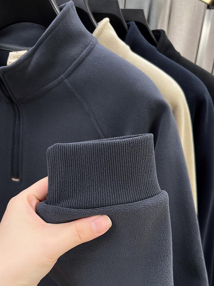 - "Warm Wool Sherpa Fleece Half-Zip Sweatshirt with Stand Collar - Double-Sided Velvet for Autumn/Winter"