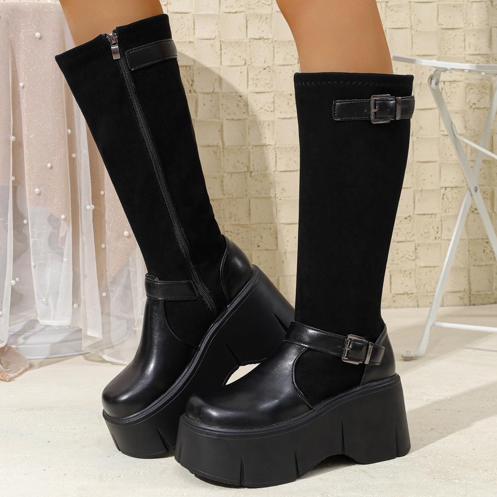Retro French Black Platform Boots Women's 2025 New Autumn Small Fat Mm Thin and Heightened Knight Boots