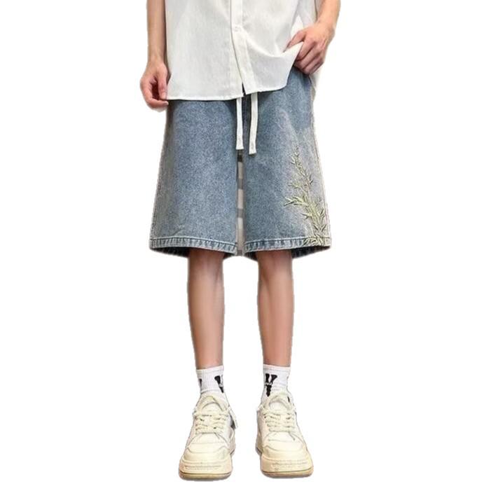 Men's Summer Chinese Style Embroidered Denim Shorts - Lightweight, Loose, Versatile, Mid-Length.
