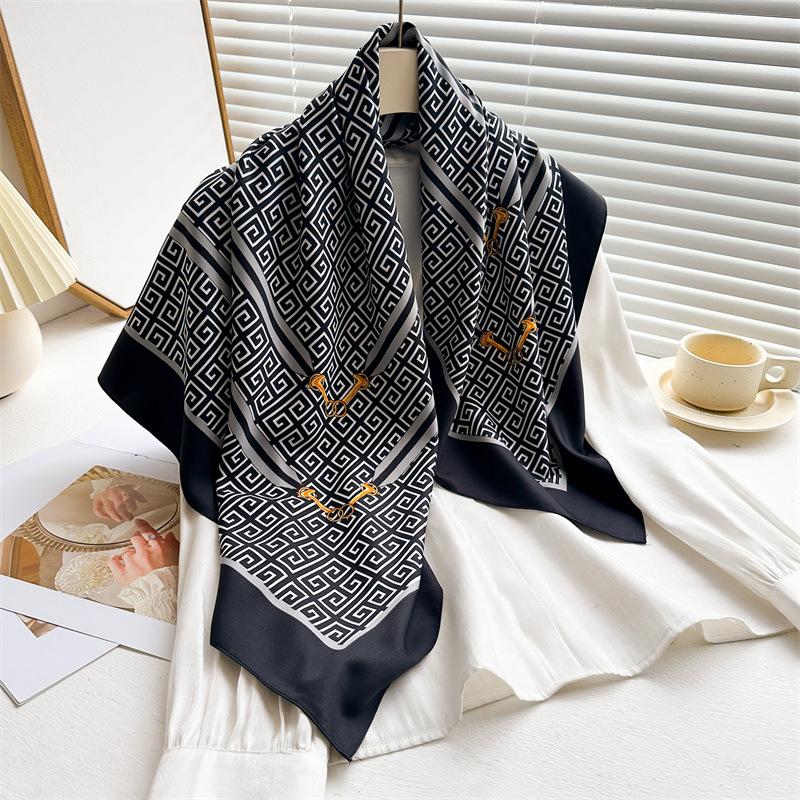 Luxury High Quality Women Satin Silk Scarf Hairband Ribbon Neckerchief Tie Neck Bag Scarf Satin Hair Scarves 90*90cm Square Wrap