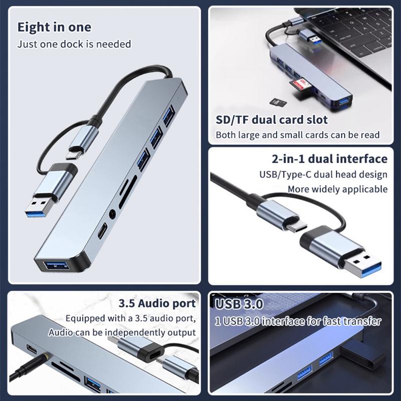 8 In 1 Usb Type C Hub Docking Station With 3.5Mm Audio Jack Adapter Micro Tf Sd Card Reader For Macbook Laptops Tablet Phone