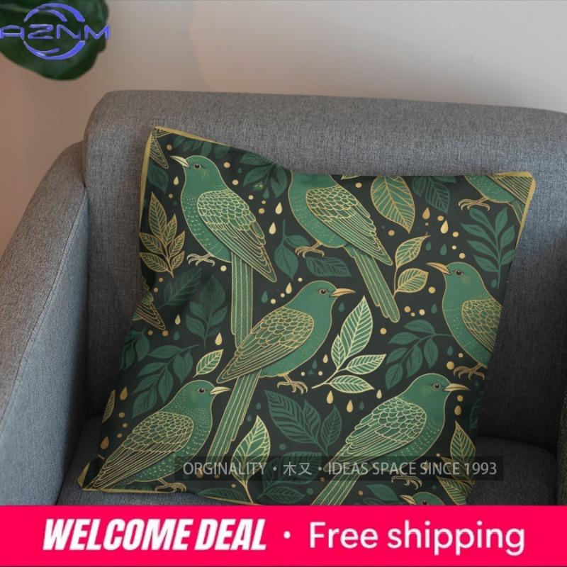 2D Enchanted Green Birds And Leaves Cushion Cover Pattern Cushion Cover Suitable For Sofa Bedroom Car Pillow Cover