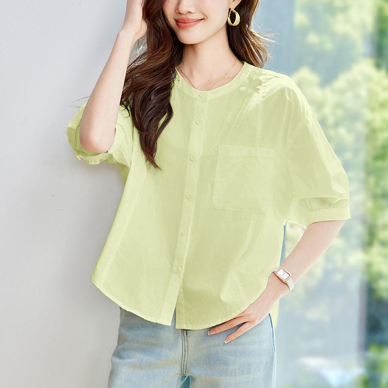 White Shirt for Women's Short-sleeved Summer New Loose Slimming Top Korean Round Neck Pure Cotton Shirt