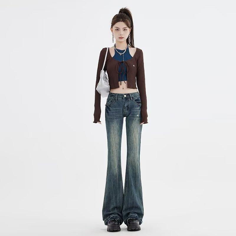 Vintage Jeans Low Waist Pant Micro Flare Jeans for Women Embroidery Slim Drag Flare Trousers