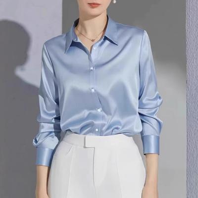 Women Shirt Lapel Long Sleeve Glossy Fabric Formal Shirt Top Buttons