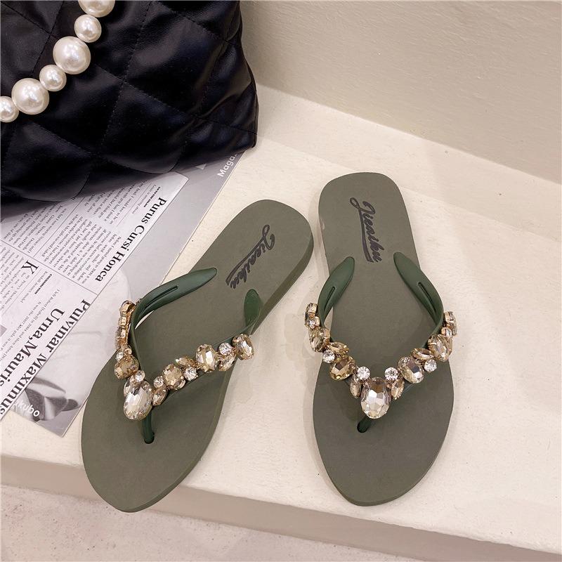 

Women s Rhinestone Decor Flip Flops Flat Heel Beach Sandals Casual Summer Thong Slippers 36 зелений