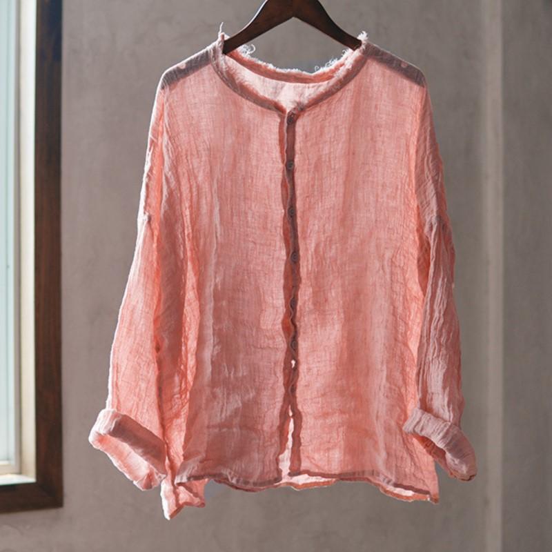 Johnature Vintage Women Shirts O-Neck Long Sleeve Button Blouses Autumn Loose Solid Color Casual Female Shirts