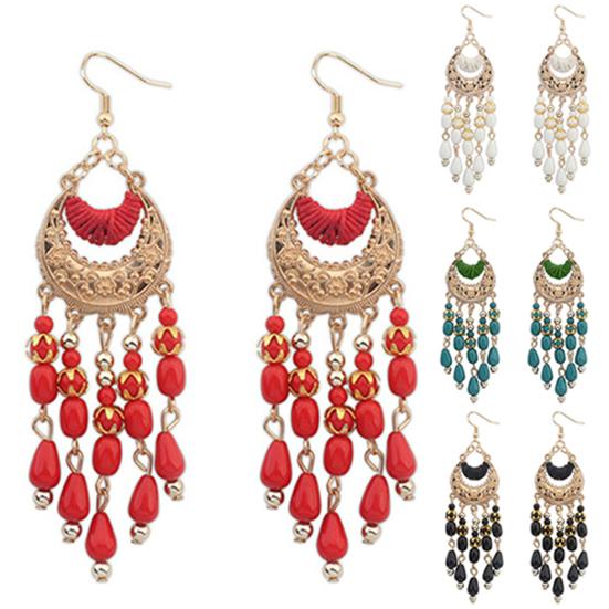Women Retro Crescent Moon Ear Drops Dangles Tassel Hook Earrings Boho Style