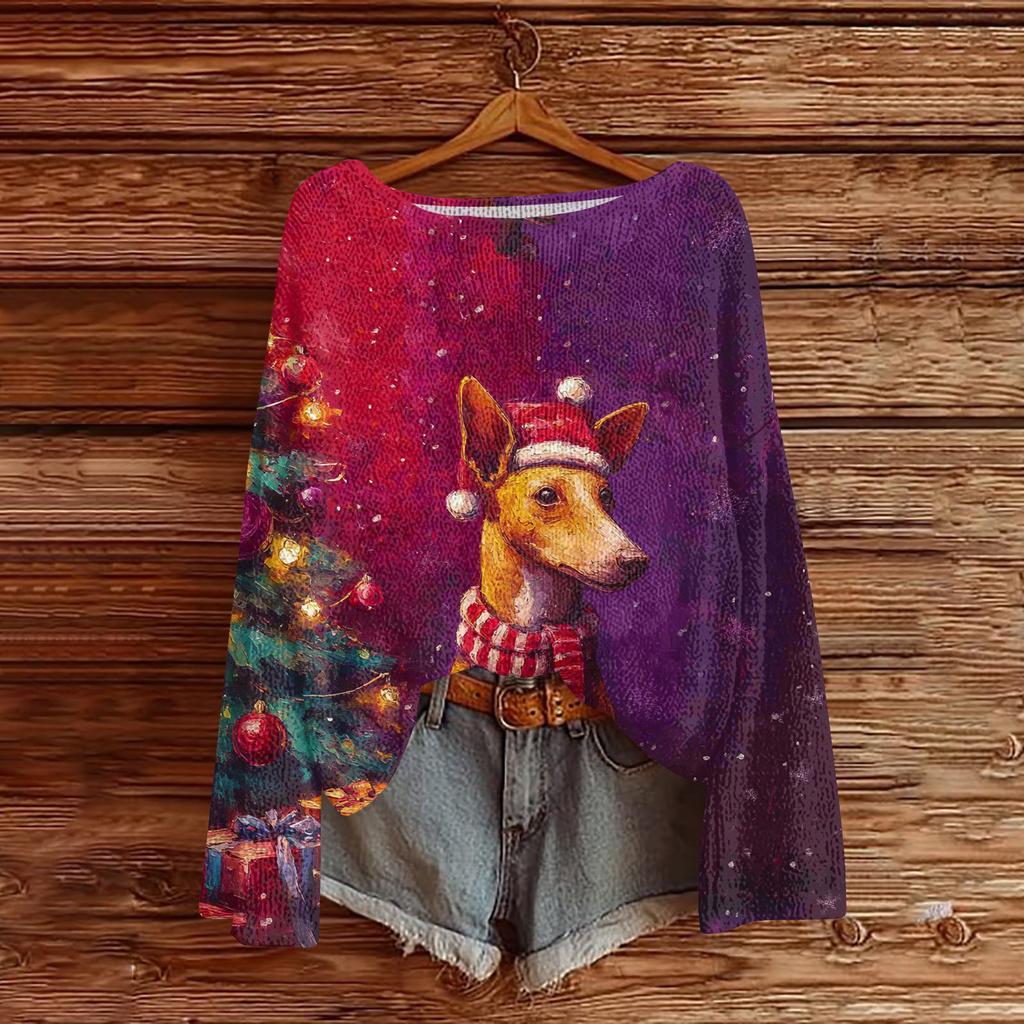 Women's Casual Fashion Round Neck Top Christmas Print Long Sleeve Knit Pullover