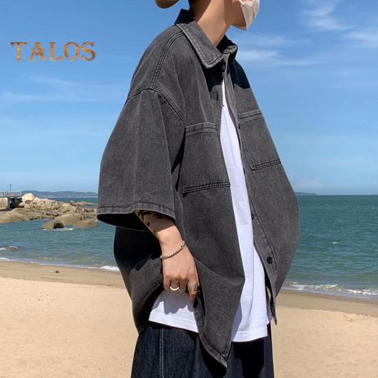 Men Denim Button-down Shirt Short Sleeve Lapel Shirt with Chest Pockets Loose Fit Casual Shirt for Summer Daily Wear Vacation Street
