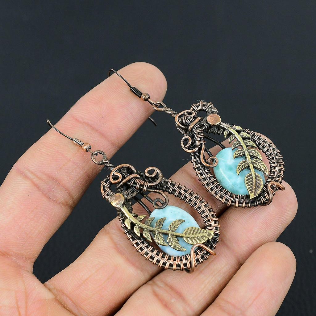 Larimar Gemstone Handmade Pure Copper Wire Wrap Amazing Jewelry Earrings