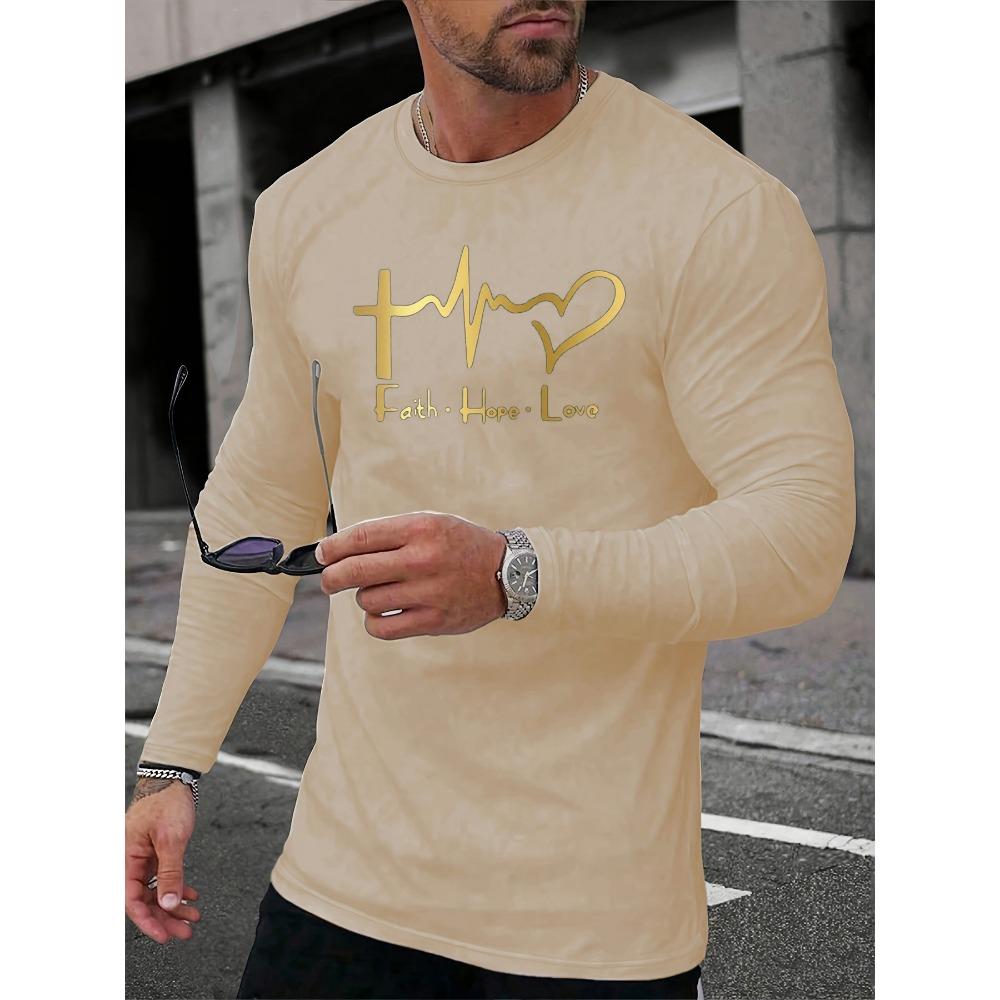 Men's Spring and Autumn Comfortable Leisure Love Faith Pattern Printed Round Neck Long Sleeve T-shirt Top