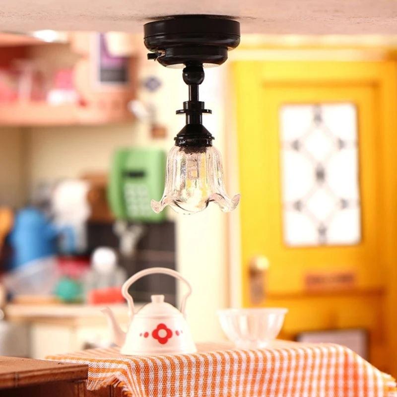 Decorative 1/12 Dollhouses Ceiling Light Miniature Chandelier with Clear Flower Shade for Miniature Living Room Decors
