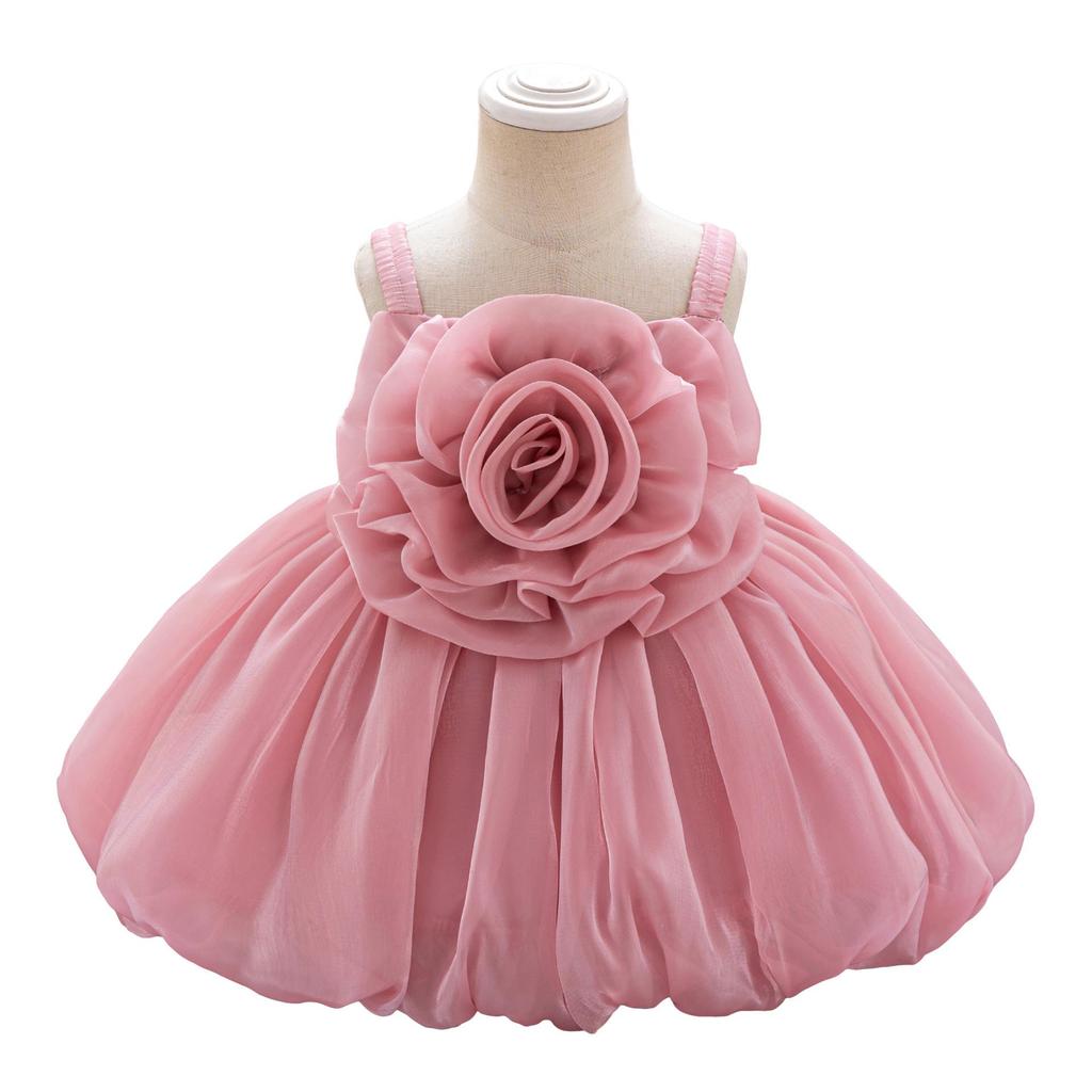 Toddler Princess Dress with 3D Rose Flowers and Shiny Satin Puff Sleeves