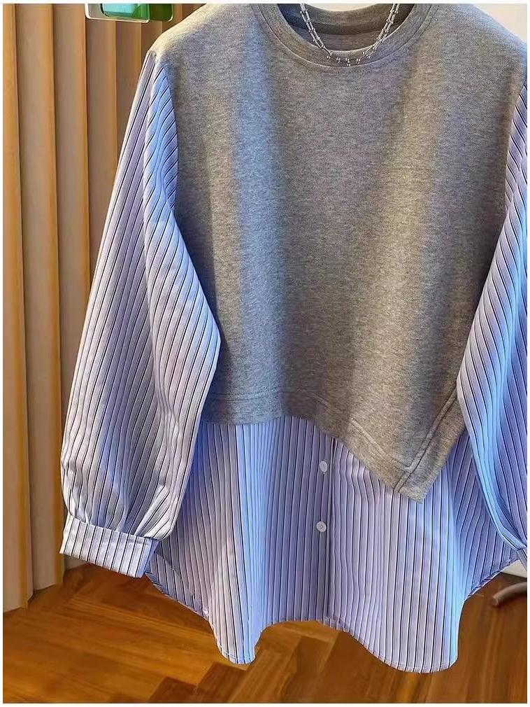 Damen Übergröße Gestreiftes Zwei-in-Eins Sweatshirt - Schlankmachendes Langarm-Oberteil für den frühen Herbst 2025