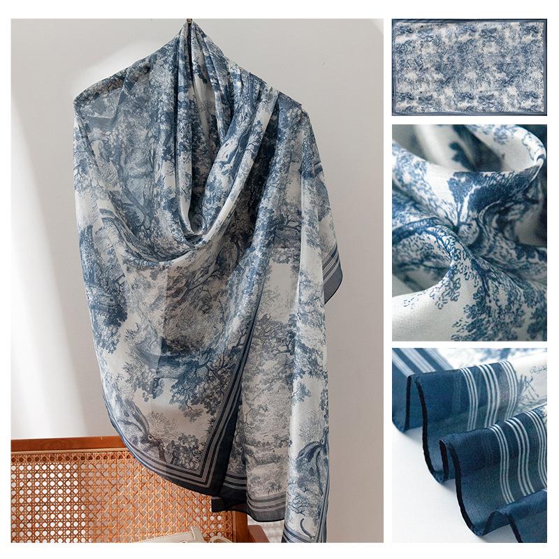 Summer Mulberry Silk Scarf Long High-end Silk Scarf Mother Style Blue Architectural Print Thin Gauze Scarf for Women