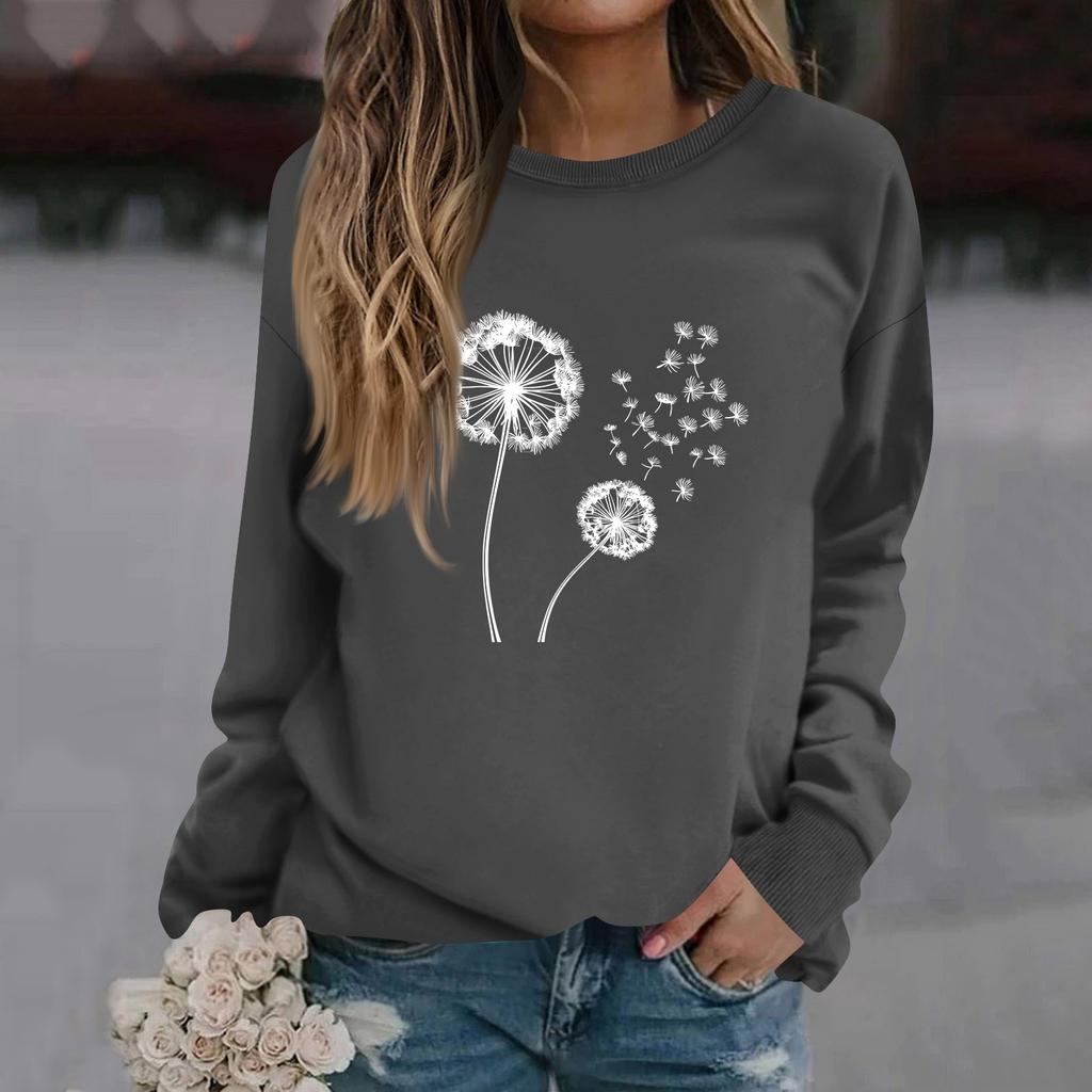 Women's Fashion Casual Long Sleeve Solid Color Printed Round Neck Top Sweatshirt