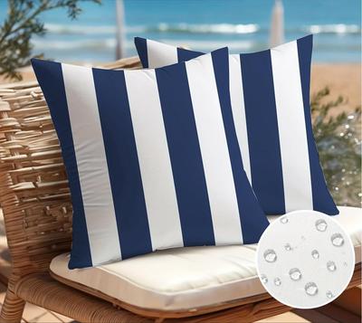 Set of 2 Waterproof Outdoor Pillow Covers 50 X 50 Cm Navy Blue White Stripes Decorative Cushion Cases with Concealed Zipper for Garden Patio Sofa Bal