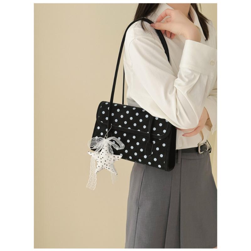 Sweet-style Flap Shoulder Bag, Y2K-inspired Polka Dot Baguette Bag, Underarm Bag with Lace Star Charm, Preppy Everyday Shoulder Bag.