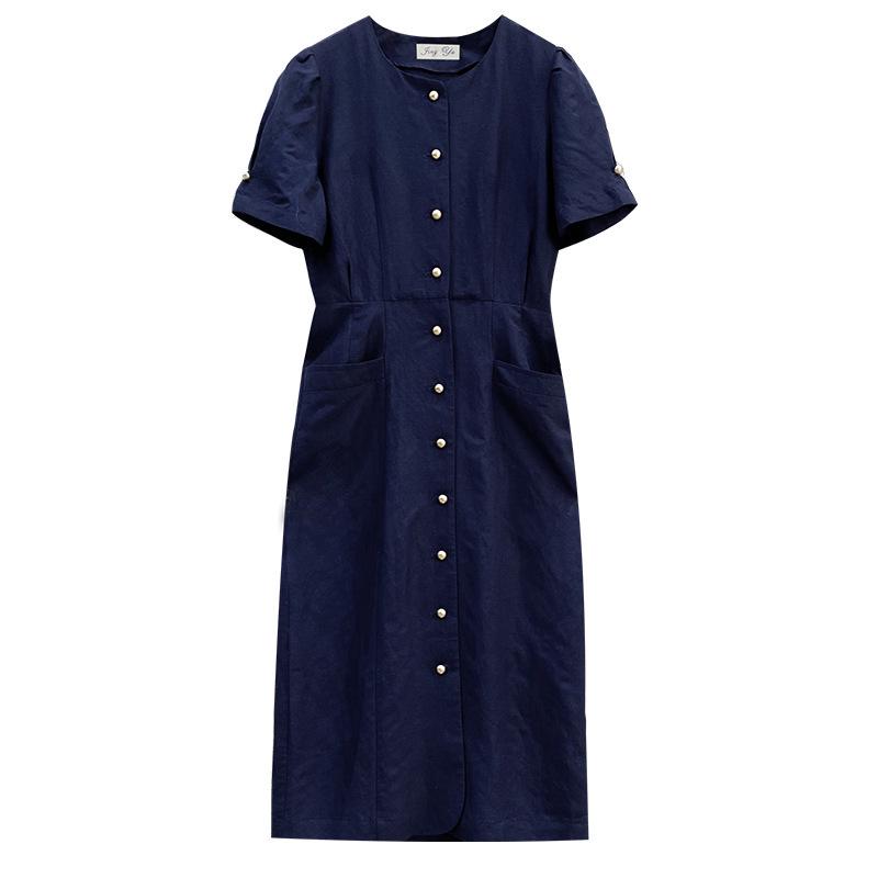 

2025 Korean Summer Retro Button Waist-Gathering Cotton Linen Dress - Slimming, Artistic, Gentle, Long Dress for Women