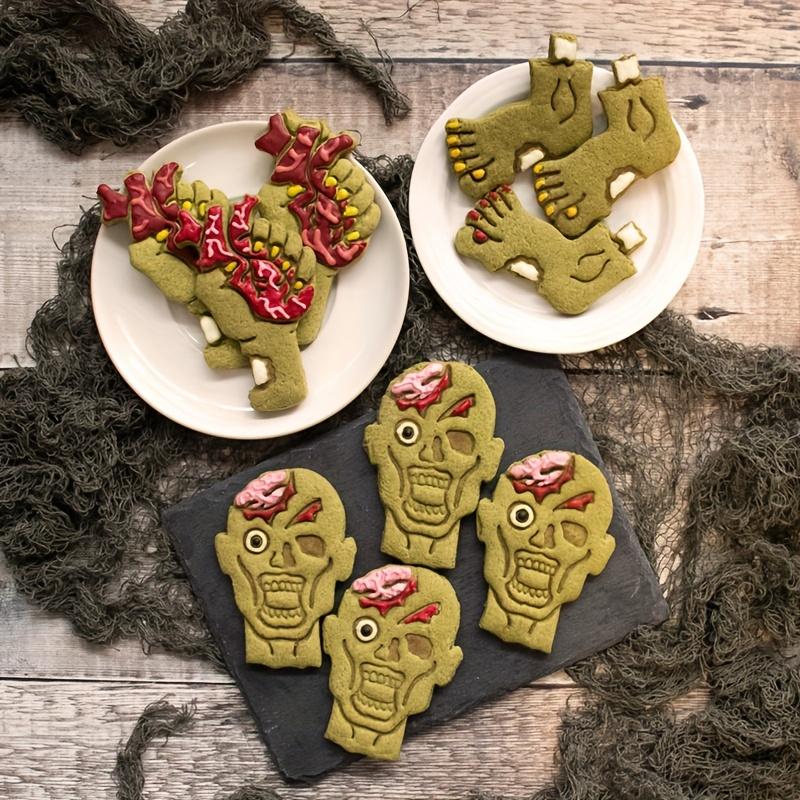 3pcs Halloween Horror Cookie Cutter Set , Skeleton, Zombie, and Hand Designs Plastic Baking Tools for Fondant Cake Decorating, DIY Desserts,