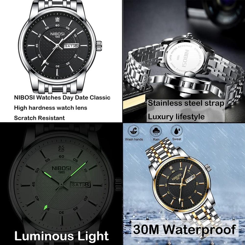 NIBOSI Men's Classic Silver Stainless Steel Wristwatch Waterproof Analog Metal Band Casual Gift Date and Day Fluorescent Watch