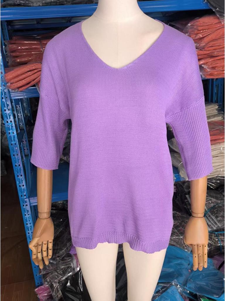 Dames ensfarget V-hals 3/4 erme slankende strikket genser