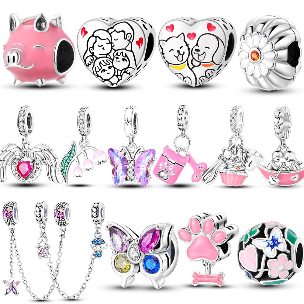 New 925 Sterling Silver Charms Pink Series Pendant Beads Dangle Fit Temperament Necklace Bracelet Gift For Women